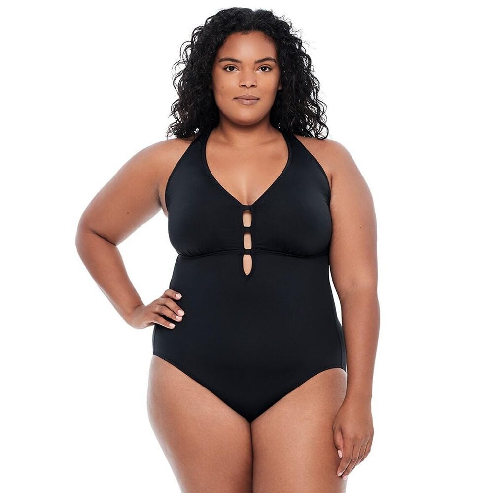 Ralph Lauren Women's Plus Size Plunge One Piece Swimsuit Black 18W